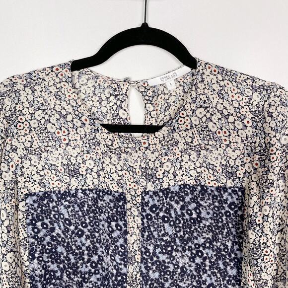 Derek Lam 10 Crosby Womens 4 Blue Ivory Floral Silk Windowpane Blouse Keyhole - Picture 3 of 12